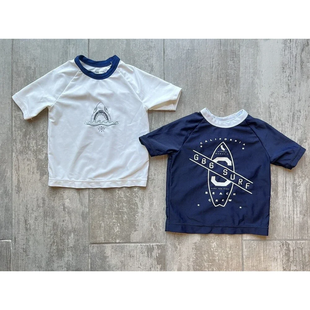 Set Lot of 2 Baby Gap Boys Toddler Rash Guard Shirt Short Sleeve Swim Top 12-18m